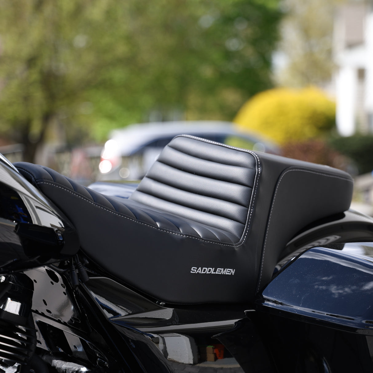 Saddlemen step up seat Tuck n roll silver stitching and logo for 2024 Touring