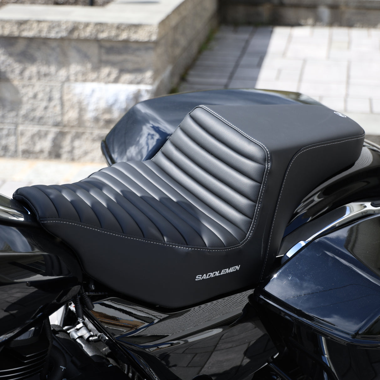 Saddlemen step up seat Tuck n roll silver stitching and logo for 2024 Touring