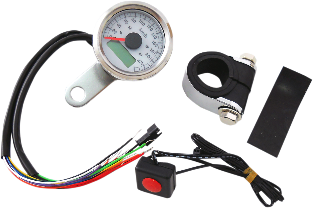 1-7/8\" Programmable Speedometer with Indicator Lights - Stainless Steel - 220 KPH LED White Face 1986 - 2003
