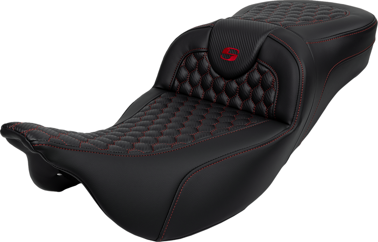 RoadSofa™ Seat - Honeycomb - Red Stitch - Extended Reach - without Backrest - FLH/FLT \'08-\'23 2008 - 2023
