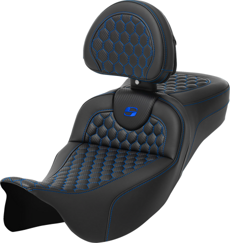 RoadSofa™ Seat - Honeycomb - Blue Stitch - with Backrest - Extended Reach - FLH/FLT \'08-\'23 2008 - 2023