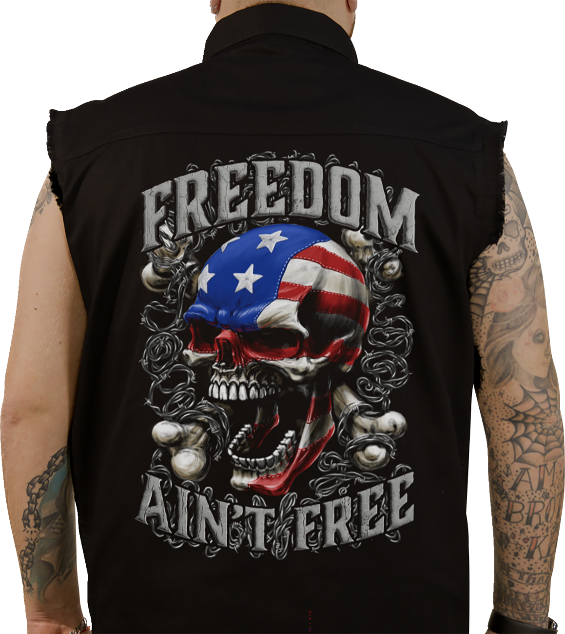Freedom Ain\'t Free Printed Sleeveless Button Down Shirt - Black - Large