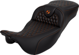 RoadSofa™ Seat - Honeycomb - Orange Stitch - Extended Reach - without Backrest - FLH/FLT \'08-\'23 2008 - 2023