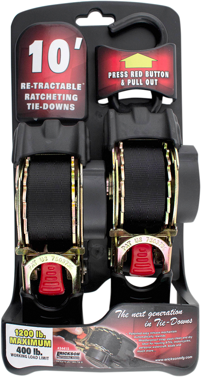 Retractable Ratchet Tie-Downs - 10\' - Black