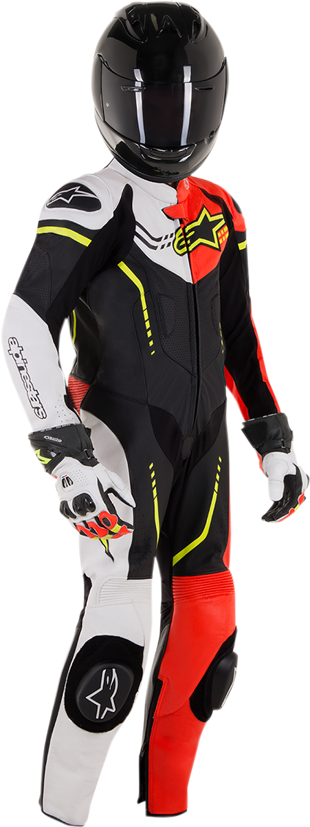 Youth GP Plus 1-Piece Leather Suit - Black/White/Red Fluorescent/Yellow Fluorescent - US 26 / EU 140