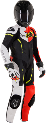 Youth GP Plus 1-Piece Leather Suit - Black/White/Red Fluorescent/Yellow Fluorescent - US 26 / EU 140