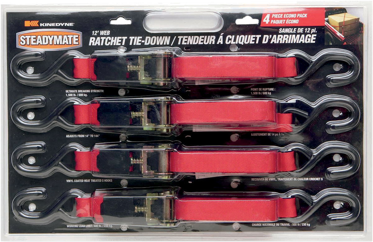 Ratchet Tie-Downs - 1\" x 1\' - 4 Pack - Red